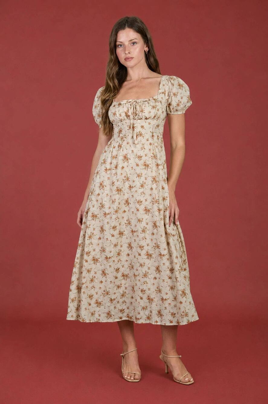 Blu Pepper Floral Midi Dress Beige Corset Bustier Short Puff Sleeve A Line L